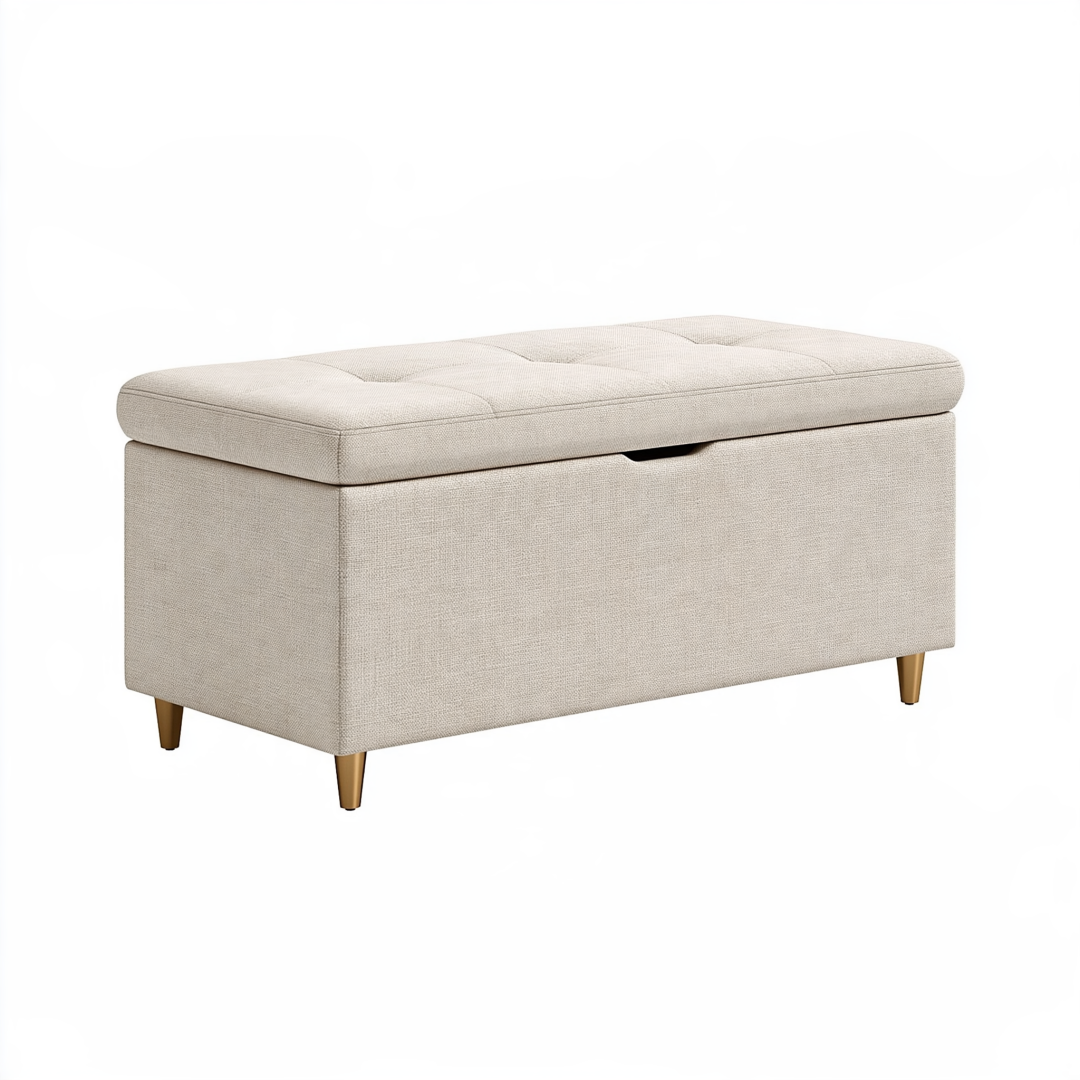 Banc coffre de rangement 100 x 40 x 45 cm en tissu beige avec assise capitonnée