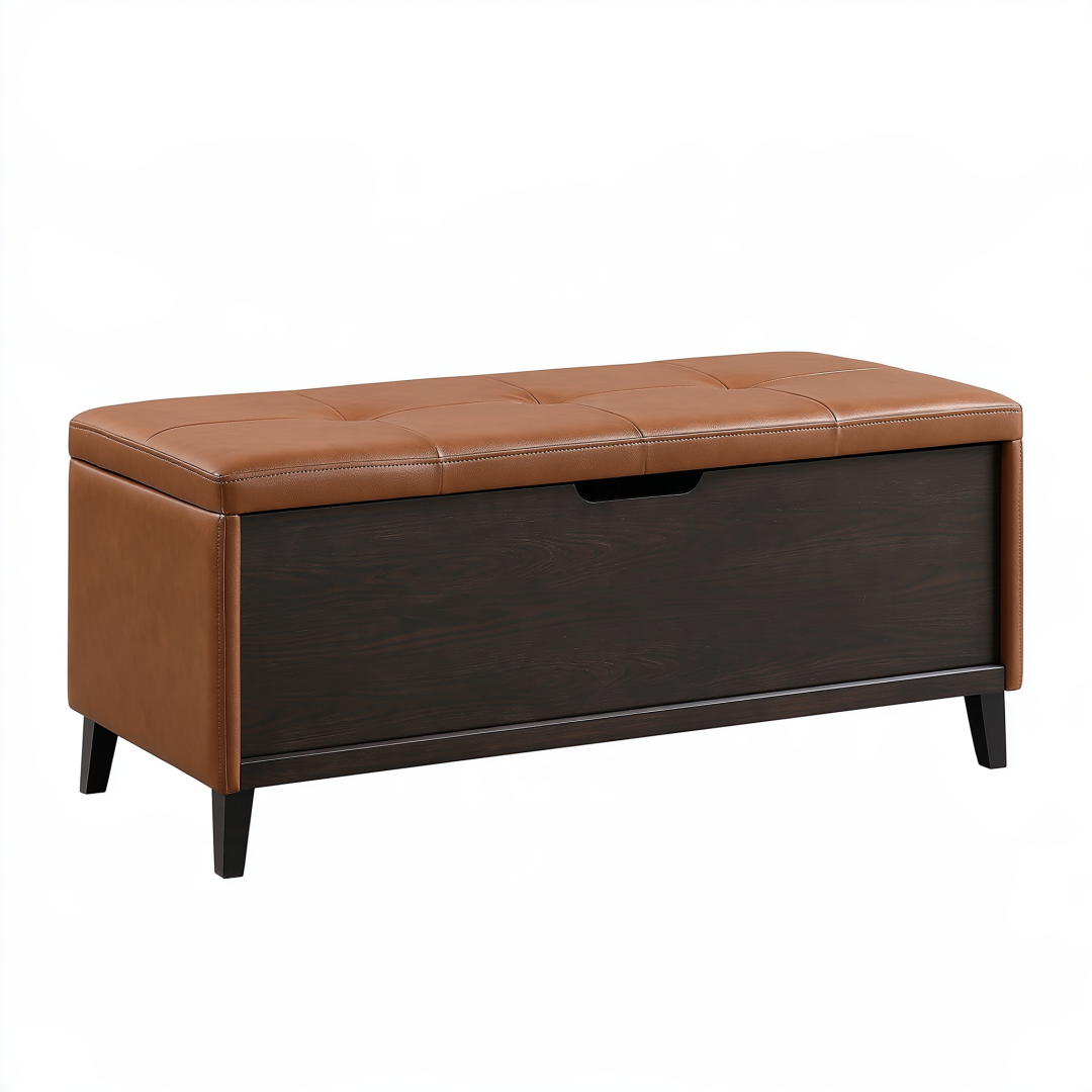 Banc coffre de rangement 100 x 40 x 45 cm en simili cuir cognac style moderne