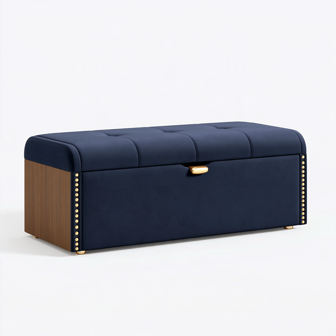 Banc coffre de rangement 120 x 45 x 50 cm tissu bleu marine bois style capitonné