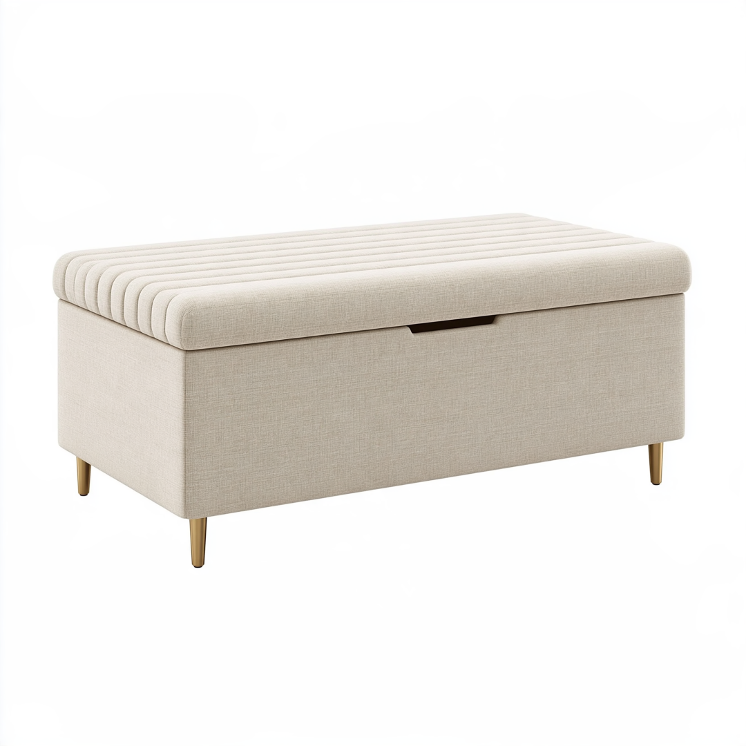 Banquette coffre de rangement 120 x 45 x 45 cm en tissu beige avec assise capitonnée