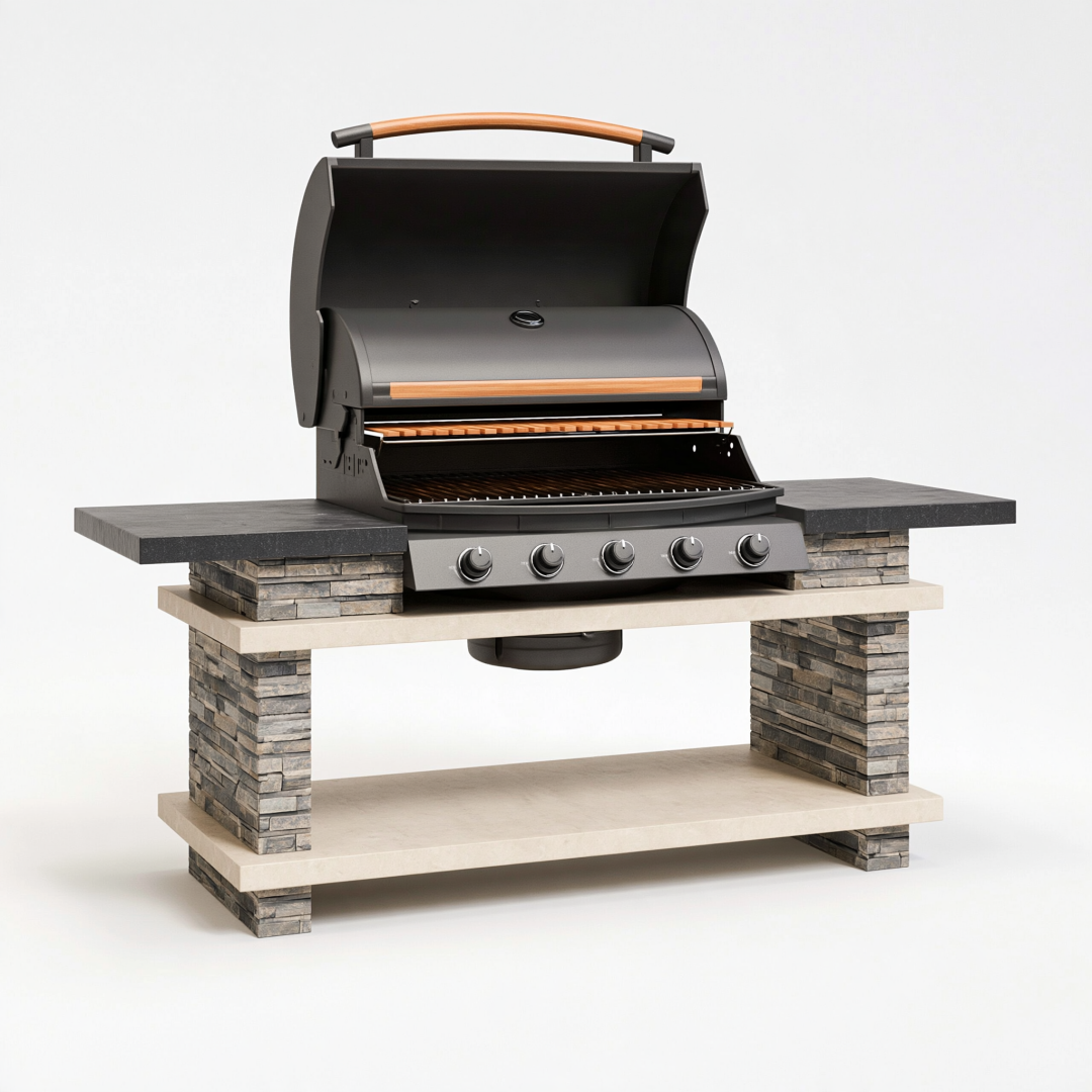 Barbecue à gaz 180 x 70 x 155 cm en métal noir avec plan de travail extérieur à 5 brûleurs