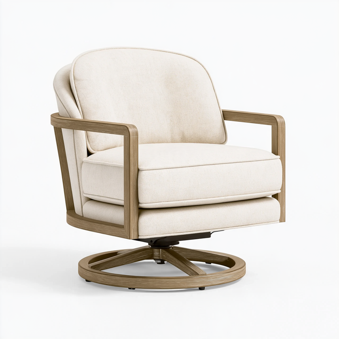 Fauteuil pivotant 78 x 82 x 88 cm en tissu bouclette crème et bois style contemporain