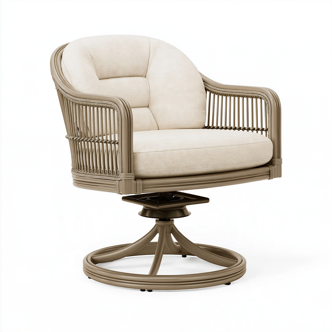 Fauteuil pivotant 80 x 82 x 92 cm en résine tressée taupe avec coussins beige style contemporain