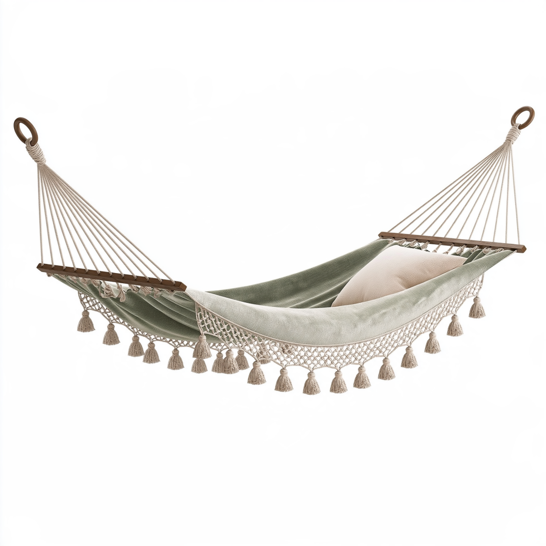 Hamac 320 cm en tissu vert et beige avec barres en bois style bohème
