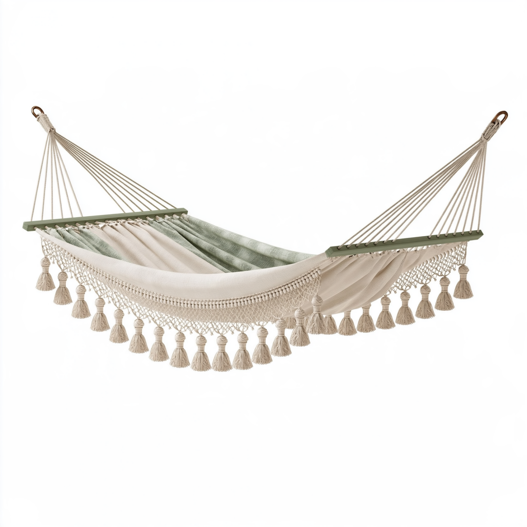 Hamac 300 x 120 cm en tissu crème et vert sauge avec barres en bois style bohème pour jardin