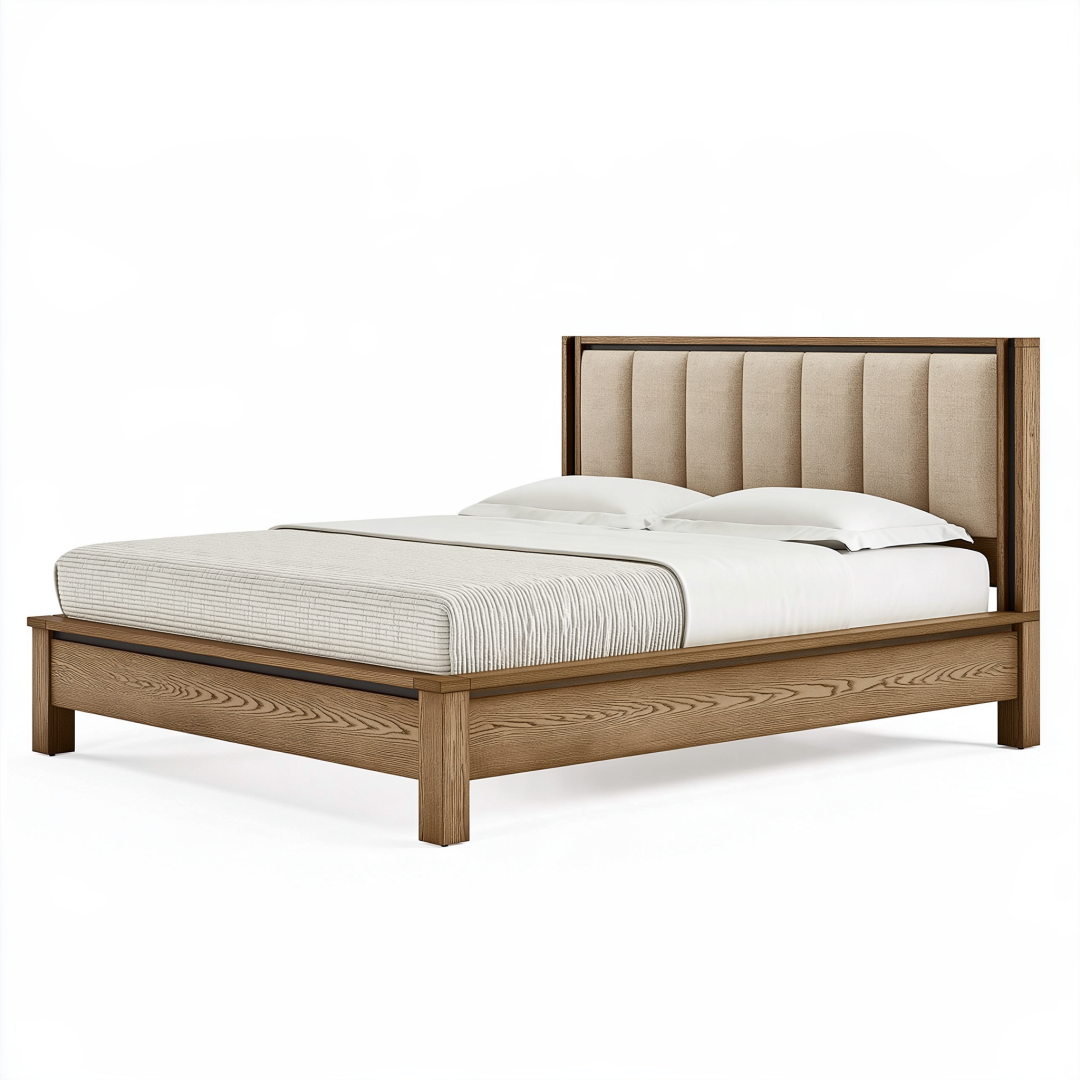 Lit 160 x 200 cm en bois brun avec tête de lit rembourrée beige style contemporain