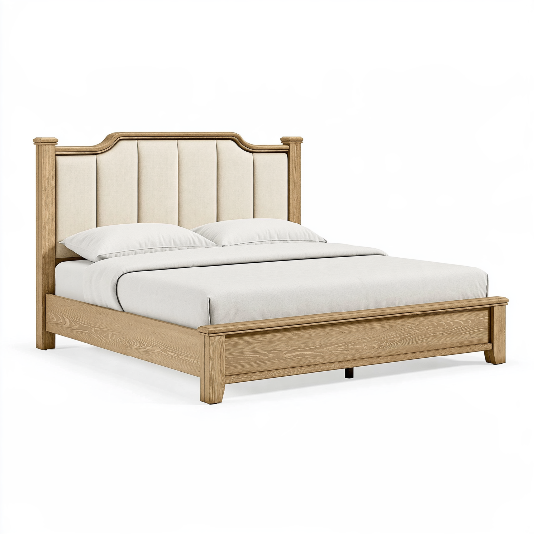 Lit double 160 x 200 cm en bois beige avec tête de lit capitonnée style classique