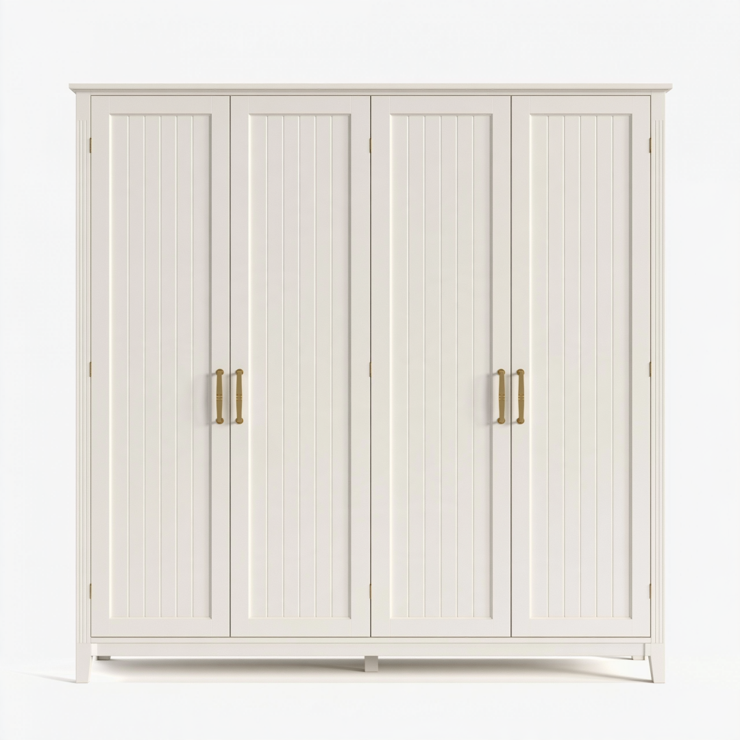 Armoire 200 x 60 x 220 cm en bois blanc cassé à 4 portes style classique